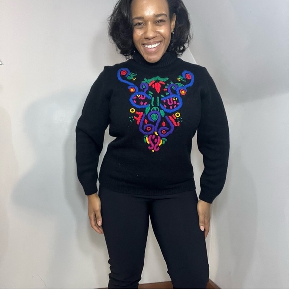 Vintage Black Sweater with Colorful Embroidery Artsy Vibrant Knit Turtleneck - Picture 1 of 13